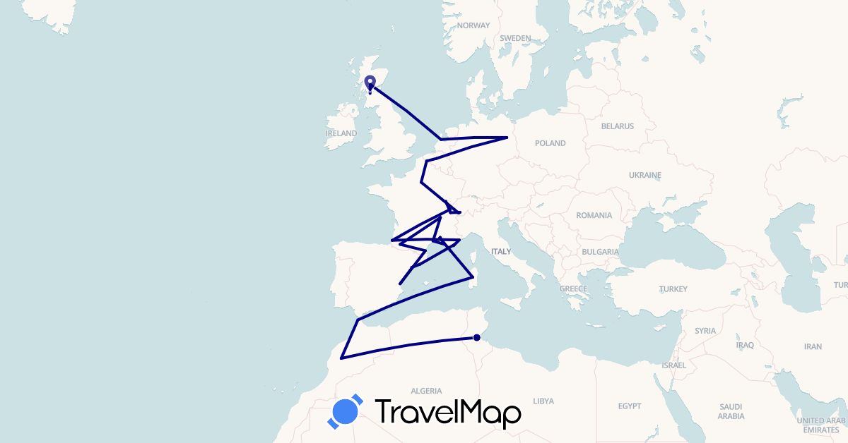 TravelMap itinerary: driving in Belgium, Switzerland, Germany, Spain, France, United Kingdom, Italy, Morocco, Netherlands, Tunisia (Africa, Europe)